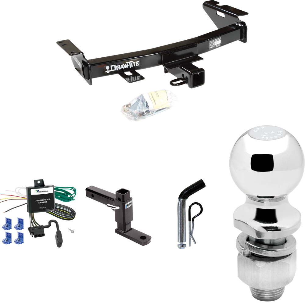 Fits 1997-2005 Chevrolet Venture Trailer Hitch Tow PKG w/ 4-Flat Wiring Harness + Adjustable Drop Rise Ball Mount + Pin/Clip + 2" Ball By Draw-Tite