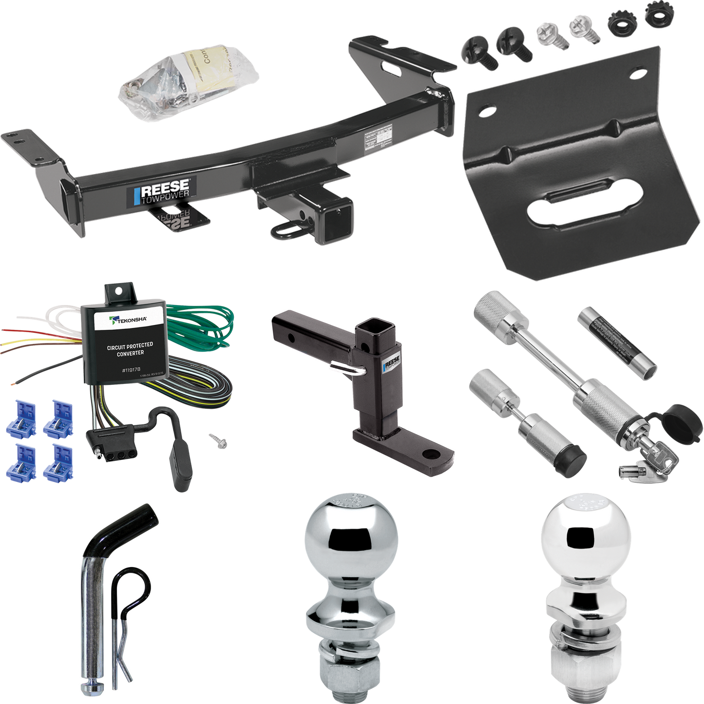 Fits 1997-2005 Chevrolet Venture Trailer Hitch Tow PKG w/ 4-Flat Wiring Harness + Adjustable Drop Rise Ball Mount + Pin/Clip + 2" Ball + 1-7/8" Ball + Dual Hitch & Coupler Locks By Reese Towpower