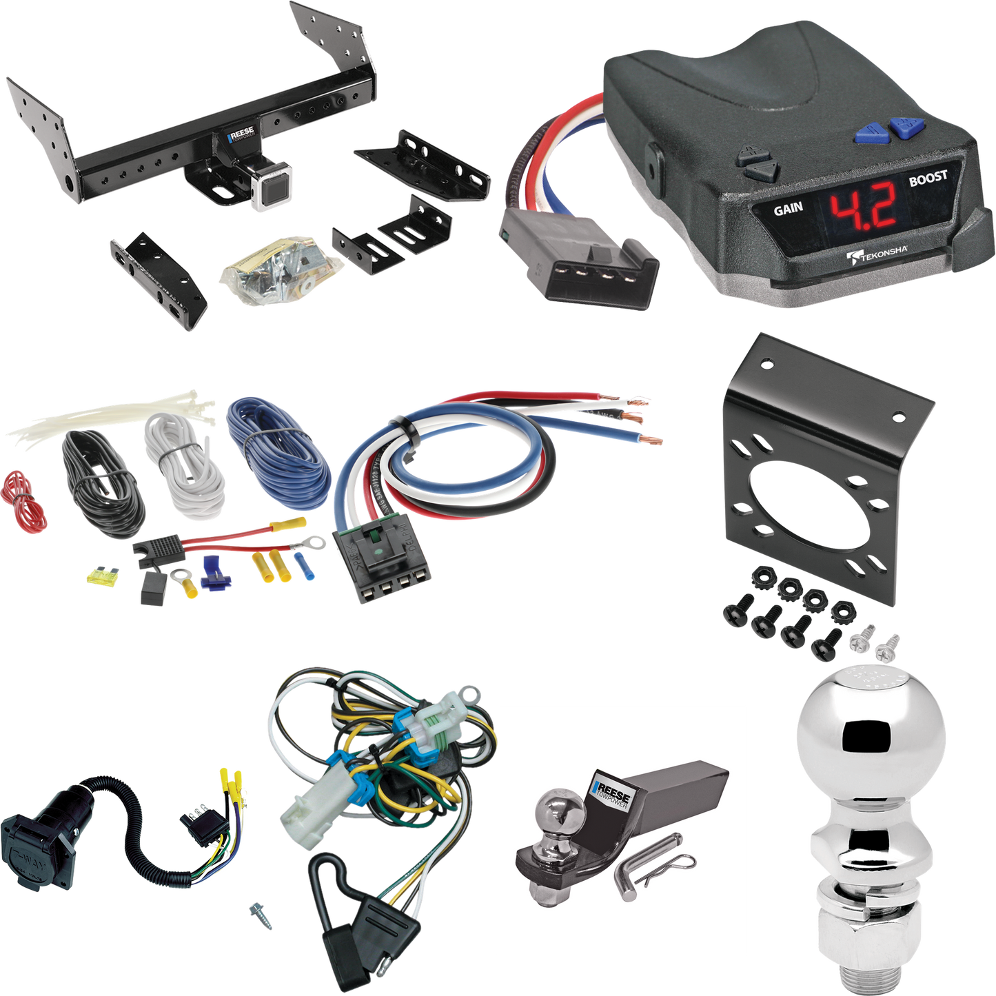 Fits 1998-2004 Chevrolet S10 Trailer Hitch Tow PKG w/ Tekonsha BRAKE-EVN Brake Control + Generic BC Wiring Adapter + 7-Way RV Wiring + 2" & 2-5/16" Ball & Drop Mount By Reese Towpower