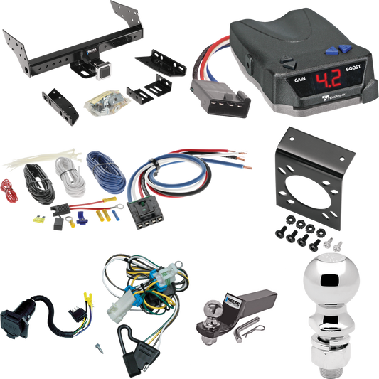 Fits 1998-2004 Chevrolet S10 Trailer Hitch Tow PKG w/ Tekonsha BRAKE-EVN Brake Control + Generic BC Wiring Adapter + 7-Way RV Wiring + 2" & 2-5/16" Ball & Drop Mount By Reese Towpower