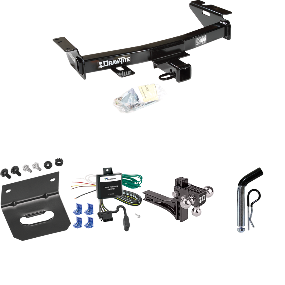 Fits 1999-2005 Pontiac Montana Trailer Hitch Tow PKG w/ 4-Flat Wiring Harness + Adjustable Drop Rise Triple Ball Ball Mount 1-7/8" & 2" & 2-5/16" Trailer Balls + Pin/Clip + Wiring Bracket By Draw-Tite