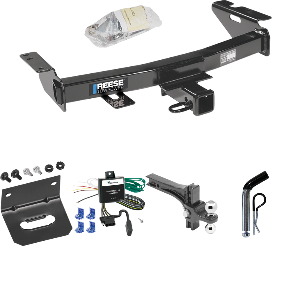 Fits 1997-2004 Oldsmobile Silhouette Trailer Hitch Tow PKG w/ 4-Flat Wiring Harness + Dual Adjustable Drop Rise Ball Ball Mount 2" & 2-5/16" Trailer Balls + Pin/Clip + Wiring Bracket By Reese Towpower