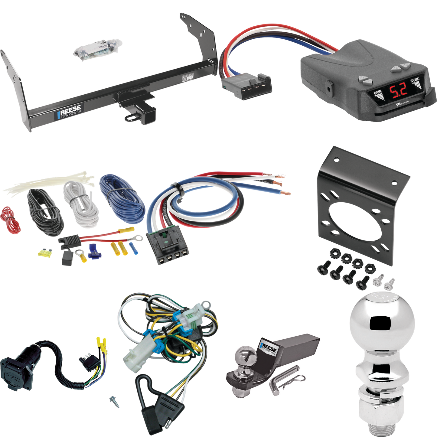 Fits 1998-2000 Isuzu Hombre Trailer Hitch Tow PKG w/ Tekonsha Brakeman IV Brake Control + Generic BC Wiring Adapter + 7-Way RV Wiring + 2" & 2-5/16" Ball & Drop Mount (For w/Step Bumper Models) By Reese Towpower