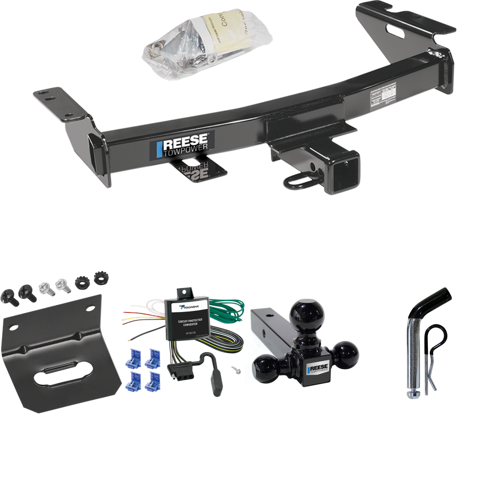 Fits 1997-2005 Chevrolet Venture Trailer Hitch Tow PKG w/ 4-Flat Wiring Harness + Triple Ball Ball Mount 1-7/8" & 2" & 2-5/16" Trailer Balls + Pin/Clip + Wiring Bracket By Reese Towpower