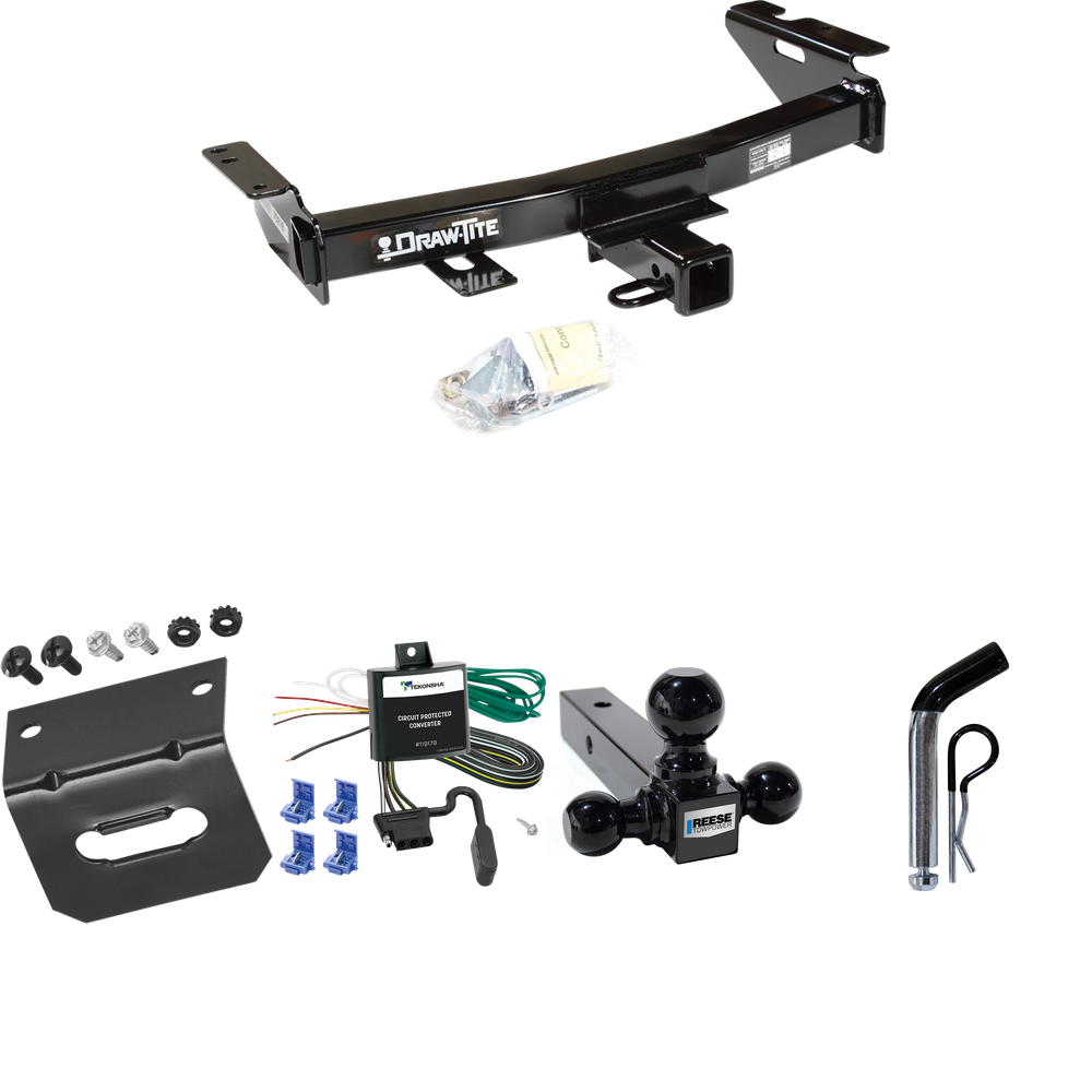 Fits 1997-2005 Chevrolet Venture Trailer Hitch Tow PKG w/ 4-Flat Wiring Harness + Triple Ball Ball Mount 1-7/8" & 2" & 2-5/16" Trailer Balls + Pin/Clip + Wiring Bracket By Draw-Tite