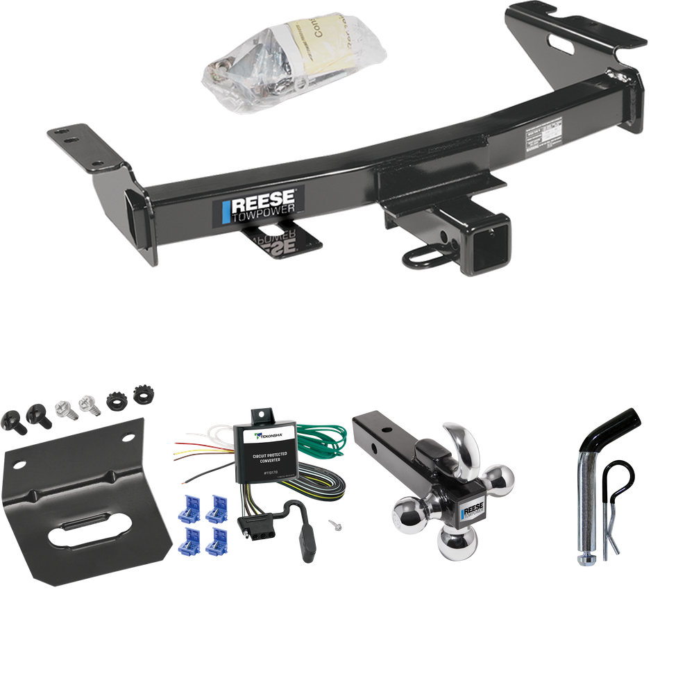 Fits 1997-2004 Oldsmobile Silhouette Trailer Hitch Tow PKG w/ 4-Flat Wiring Harness + Triple Ball Ball Mount 1-7/8" & 2" & 2-5/16" Trailer Balls w/ Tow Hook + Pin/Clip + Wiring Bracket By Reese Towpower