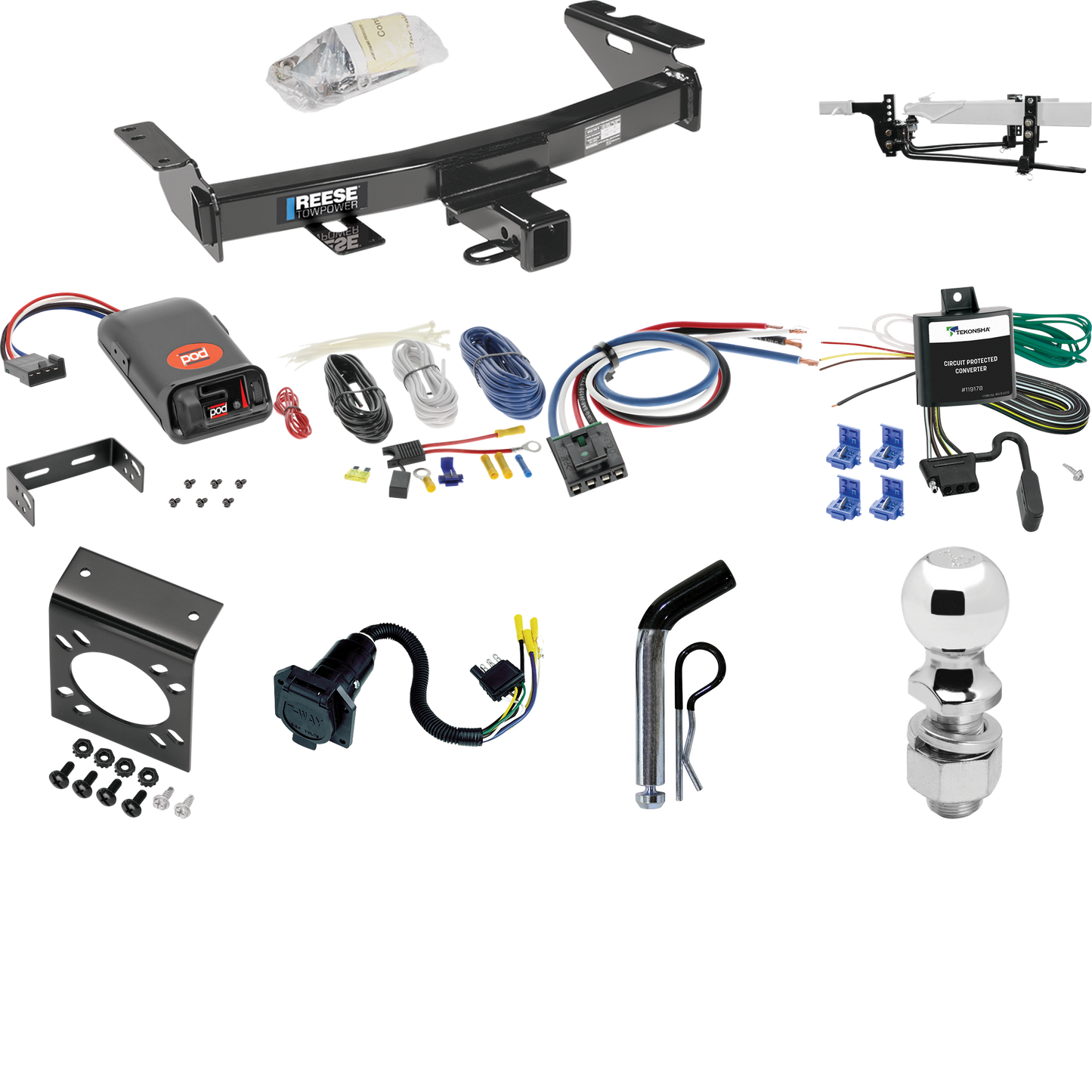 Fits 1997-1998 Pontiac Trans Sport Trailer Hitch Tow PKG w/ 6K Round Bar Weight Distribution Hitch w/ 2-5/16" Ball + 2" Ball + Pin/Clip + Pro Series POD Brake Control + Generic BC Wiring Adapter + 7-Way RV Wiring By Reese Towpower