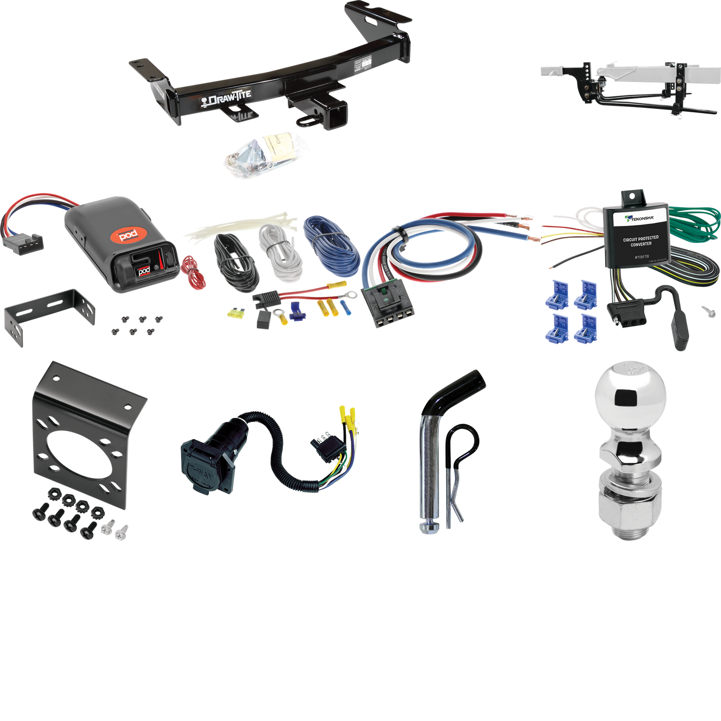 Fits 1997-2004 Oldsmobile Silhouette Trailer Hitch Tow PKG w/ 6K Round Bar Weight Distribution Hitch w/ 2-5/16" Ball + 2" Ball + Pin/Clip + Pro Series POD Brake Control + Generic BC Wiring Adapter + 7-Way RV Wiring By Draw-Tite