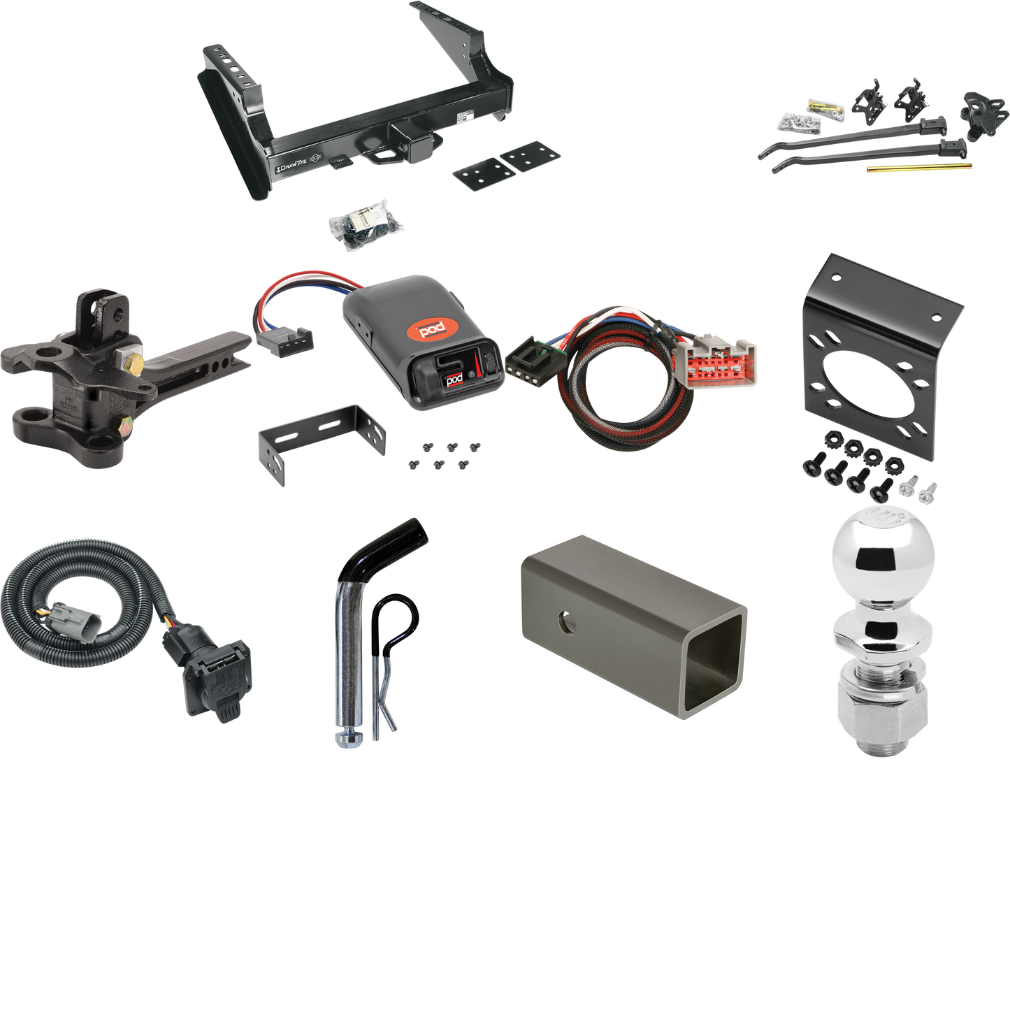 Fits 1999-2001 Ford F-350 Super Duty Trailer Hitch Tow PKG w/ 17K Trunnion Bar Weight Distribution Hitch + Pin/Clip + 2-5/16" Ball + Pro Series POD Brake Control + Plug & Play BC Adapter + 7-Way RV Wiring (Excludes: Cab & Chassis Models) By Draw-Tite