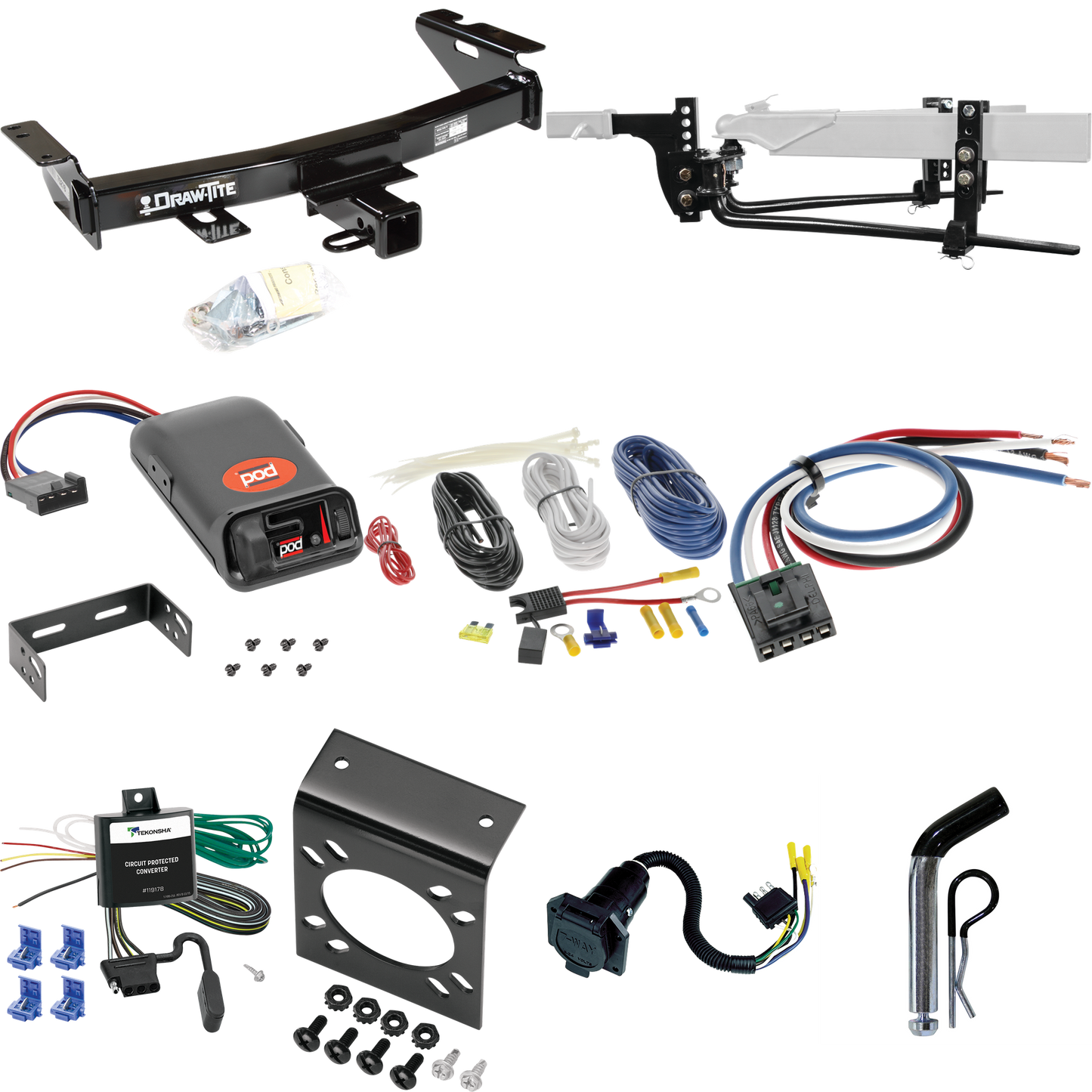 Fits 1997-1998 Pontiac Trans Sport Trailer Hitch Tow PKG w/ 6K Round Bar Weight Distribution Hitch w/ 2-5/16" Ball + Pin/Clip + Pro Series POD Brake Control + Generic BC Wiring Adapter + 7-Way RV Wiring By Draw-Tite