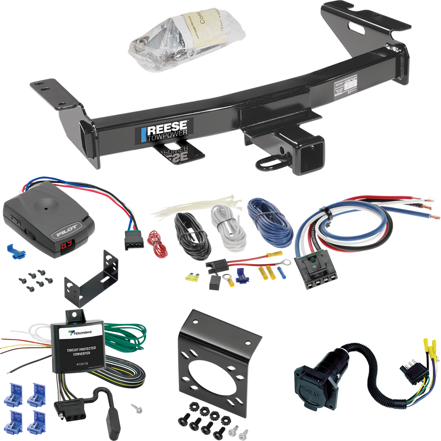 Se adapta al paquete de enganche de remolque Chevrolet Venture 1997-2005 con control de freno piloto serie Pro + adaptador de cableado BC genérico + cableado RV de 7 vías de Reese Towpower