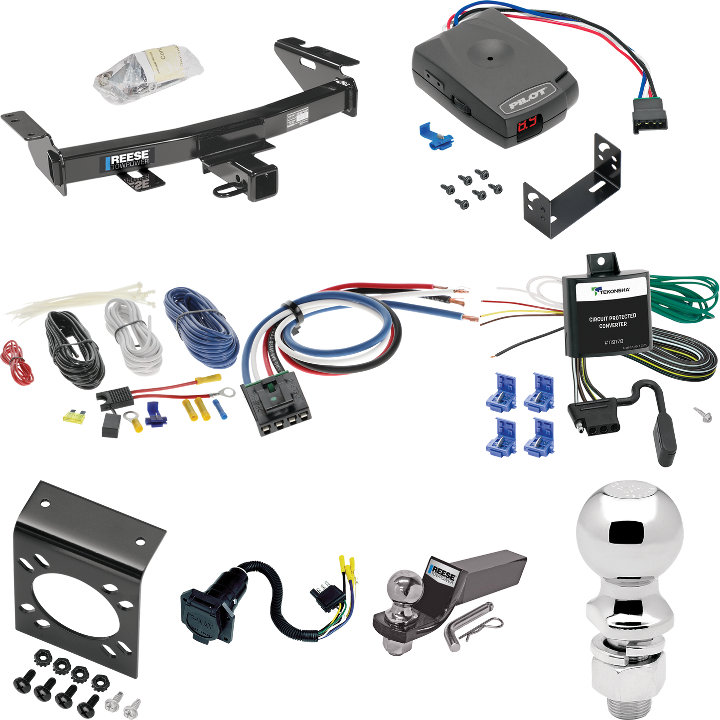 Fits 1999-2005 Pontiac Montana Trailer Hitch Tow PKG w/ Pro Series Pilot Brake Control + Generic BC Wiring Adapter + 7-Way RV Wiring + 2" & 2-5/16" Ball & Drop Mount By Reese Towpower