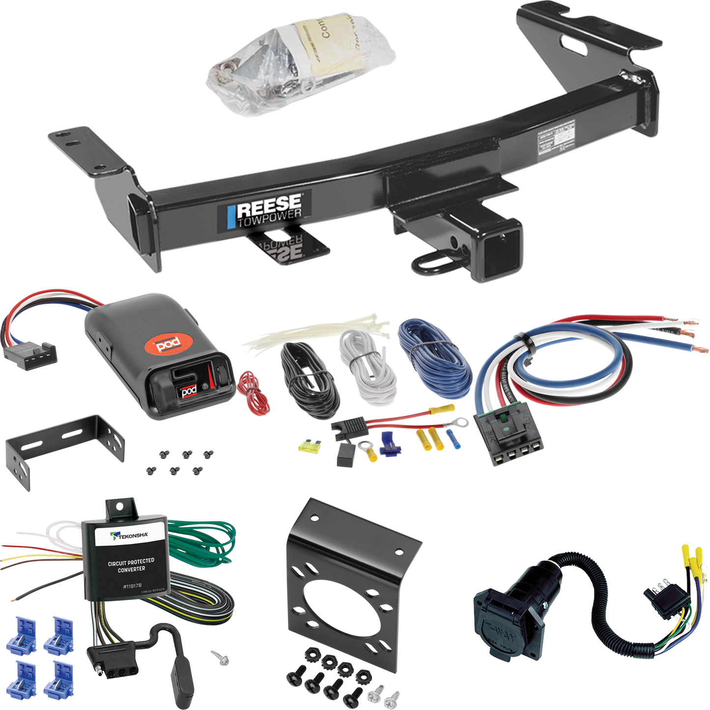 Fits 1997-2004 Oldsmobile Silhouette Trailer Hitch Tow PKG w/ Pro Series POD Brake Control + Generic BC Wiring Adapter + 7-Way RV Wiring By Reese Towpower