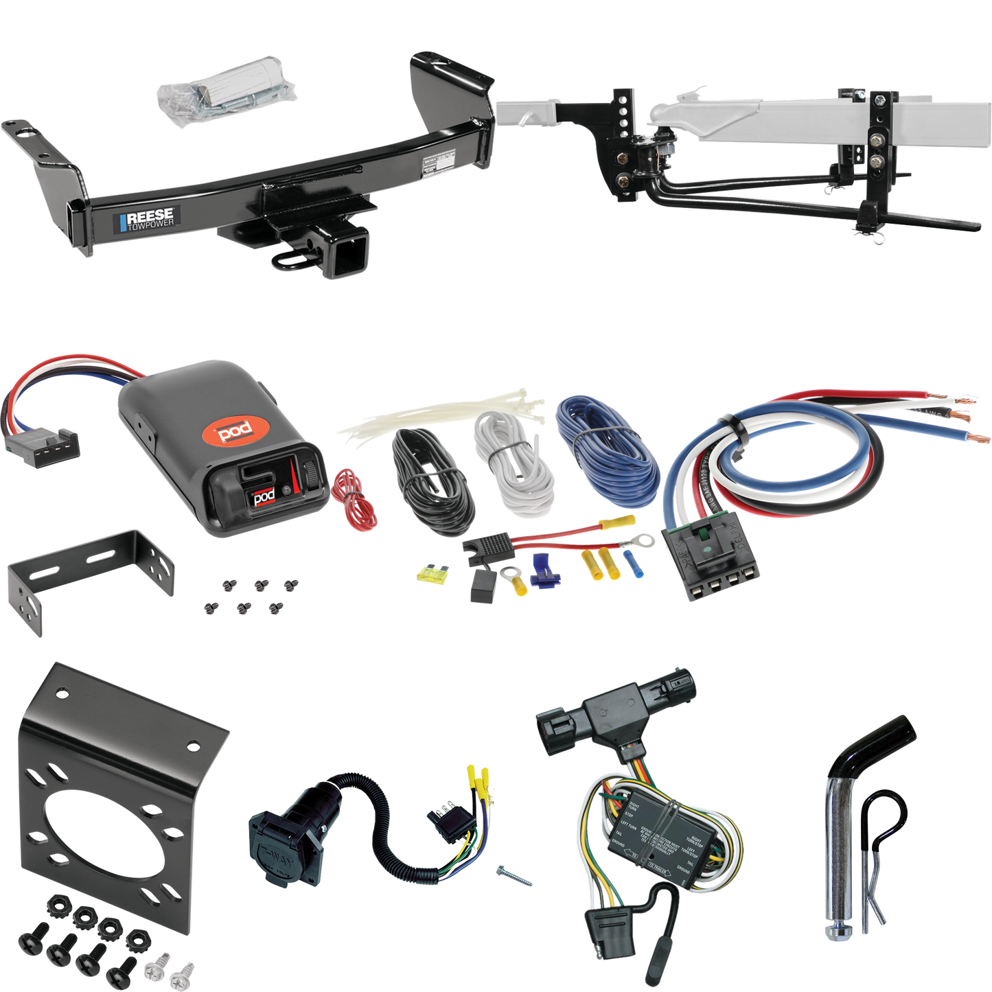 Fits 1993-1999 Ford Ranger Trailer Hitch Tow PKG w/ 6K Round Bar Weight Distribution Hitch w/ 2-5/16" Ball + Pin/Clip + Pro Series POD Brake Control + Generic BC Wiring Adapter + 7-Way RV Wiring By Reese Towpower