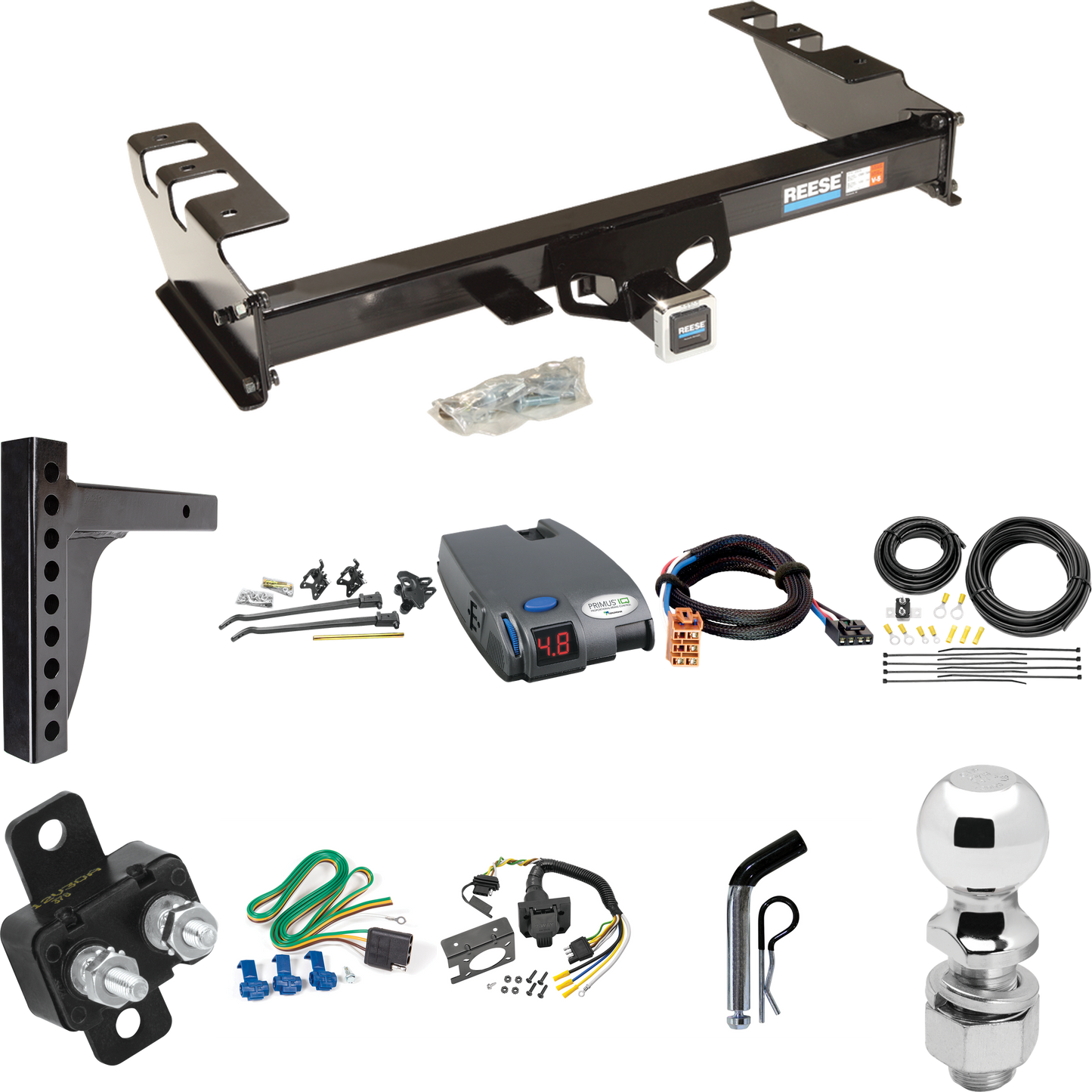 Fits 2003-2004 GMC Sierra 2500 Trailer Hitch Tow PKG w/ 12K Trunnion Bar Weight Distribution Hitch + Pin/Clip + 2-5/16" Ball + Tekonsha Primus IQ Brake Control + Plug & Play BC Adapter + 7-Way RV Wiring By Reese Towpower