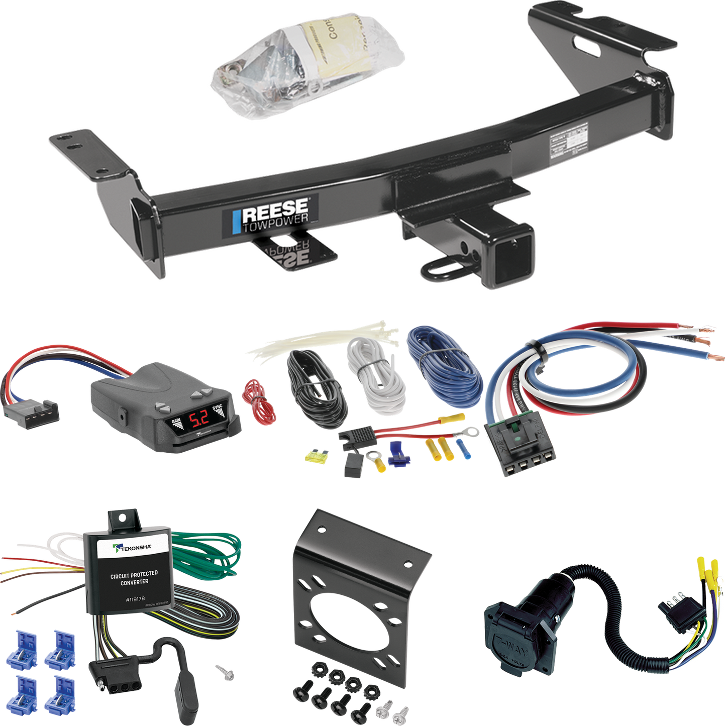 Se adapta al paquete de enganche de remolque Chevrolet Venture 1997-2005 con control de freno Tekonsha Brakeman IV + adaptador de cableado BC genérico + cableado RV de 7 vías de Reese Towpower