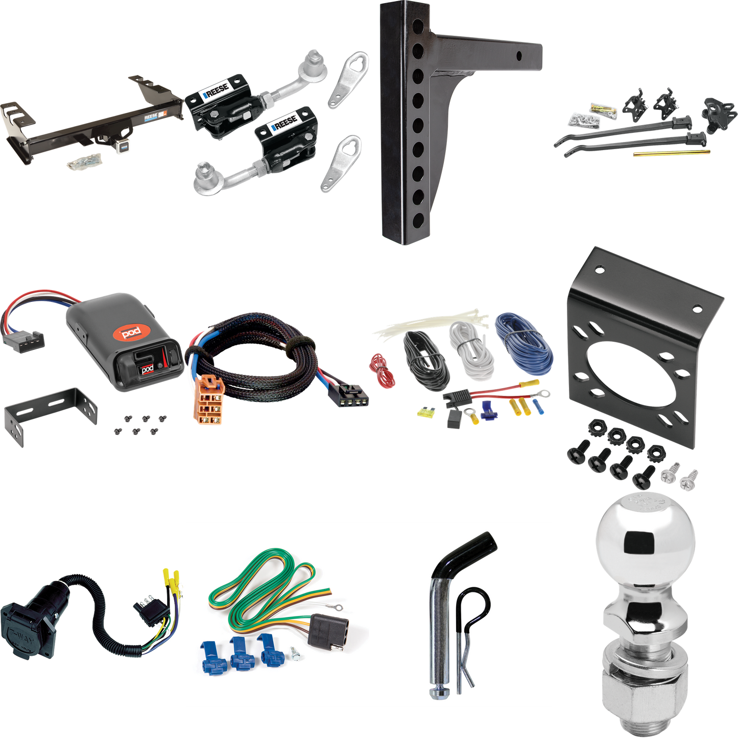 Fits 2003-2004 GMC Sierra 2500 Trailer Hitch Tow PKG w/ 12K Trunnion Bar Weight Distribution Hitch + Pin/Clip + Dual Cam Sway Control + 2-5/16" Ball + Pro Series POD Brake Control + Plug & Play BC Adapter + 7-Way RV Wiring By Reese Towpower