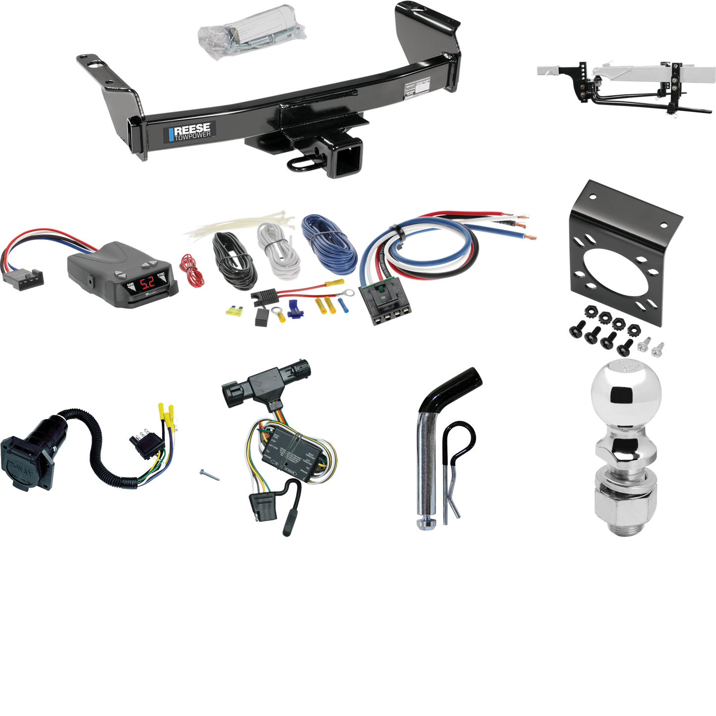 Fits 1998-2001 Mazda B2500 Trailer Hitch Tow PKG w/ 6K Round Bar Weight Distribution Hitch w/ 2-5/16" Ball + 2" Ball + Pin/Clip + Tekonsha Brakeman IV Brake Control + Generic BC Wiring Adapter + 7-Way RV Wiring By Reese Towpower