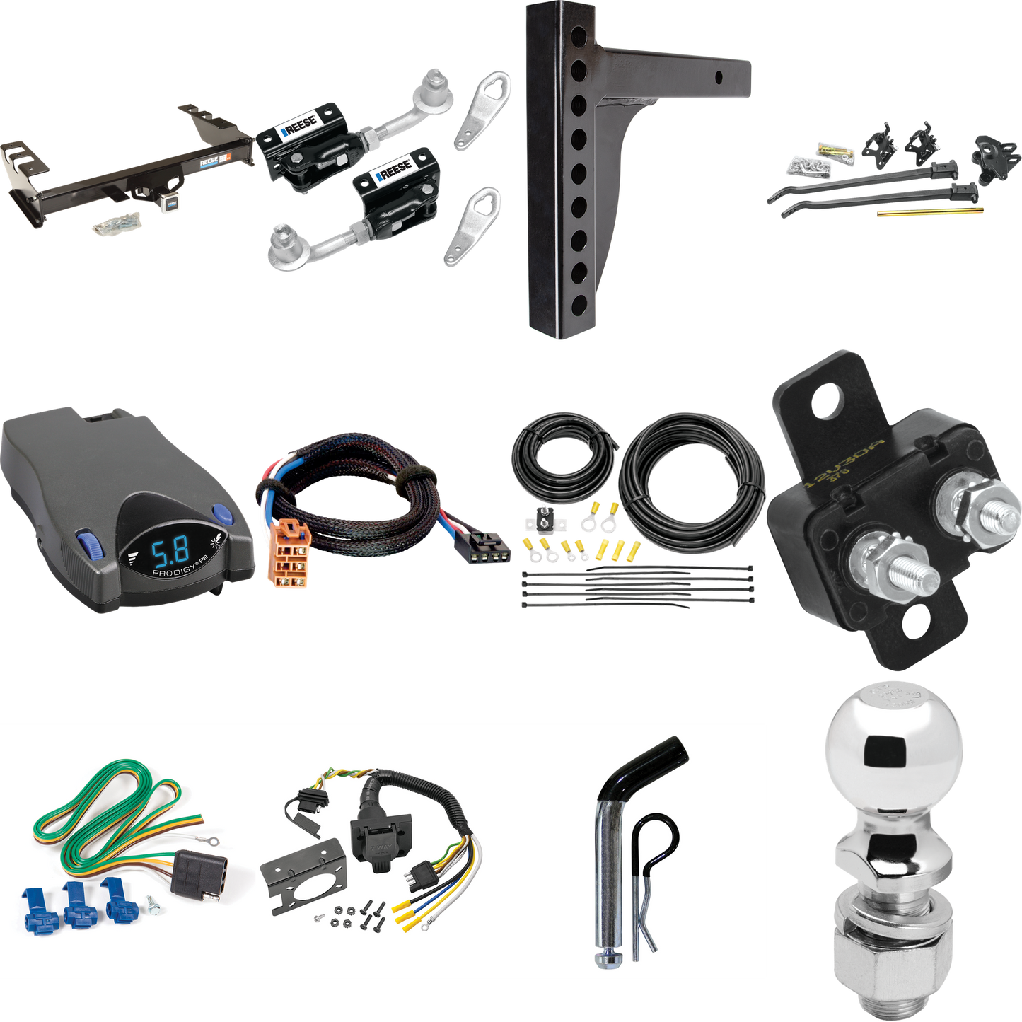 Fits 2003-2003 GMC Sierra 1500 HD Trailer Hitch Tow PKG w/ 12K Trunnion Bar Weight Distribution Hitch + Pin/Clip + Dual Cam Sway Control + 2-5/16" Ball + Tekonsha Prodigy P2 Brake Control + Plug & Play BC Adapter + 7-Way RV Wiring By Reese Towpower