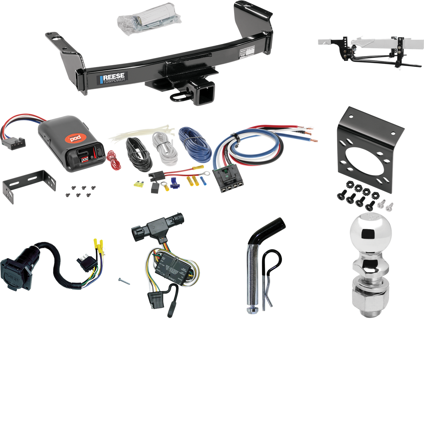 Fits 1998-2001 Mazda B2500 Trailer Hitch Tow PKG w/ 6K Round Bar Weight Distribution Hitch w/ 2-5/16" Ball + 2" Ball + Pin/Clip + Pro Series POD Brake Control + Generic BC Wiring Adapter + 7-Way RV Wiring By Reese Towpower