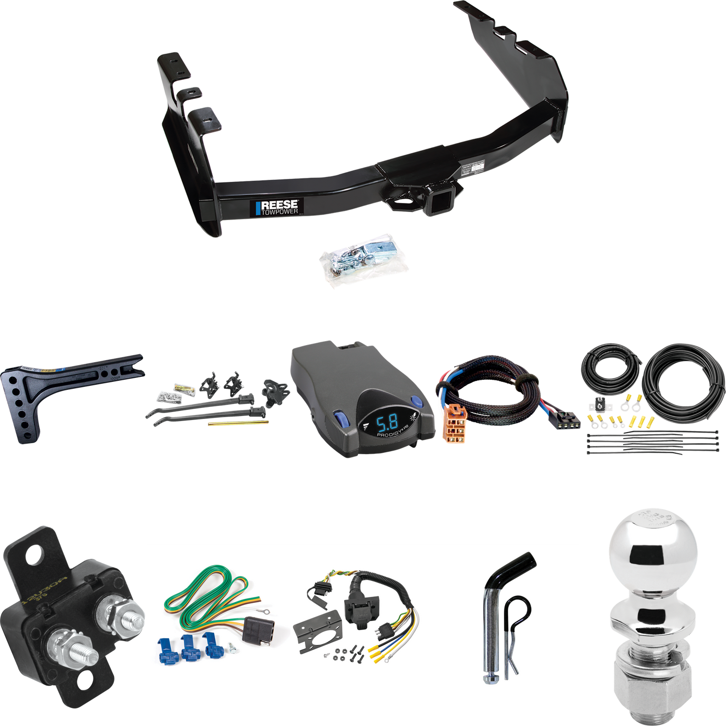 Fits 2003-2007 GMC Sierra 1500 Trailer Hitch Tow PKG w/ 15K Trunnion Bar Weight Distribution Hitch + Pin/Clip + 2-5/16" Ball + Tekonsha Prodigy P2 Brake Control + Plug & Play BC Adapter + 7-Way RV Wiring (For (Classic) Models) By Reese Towpower