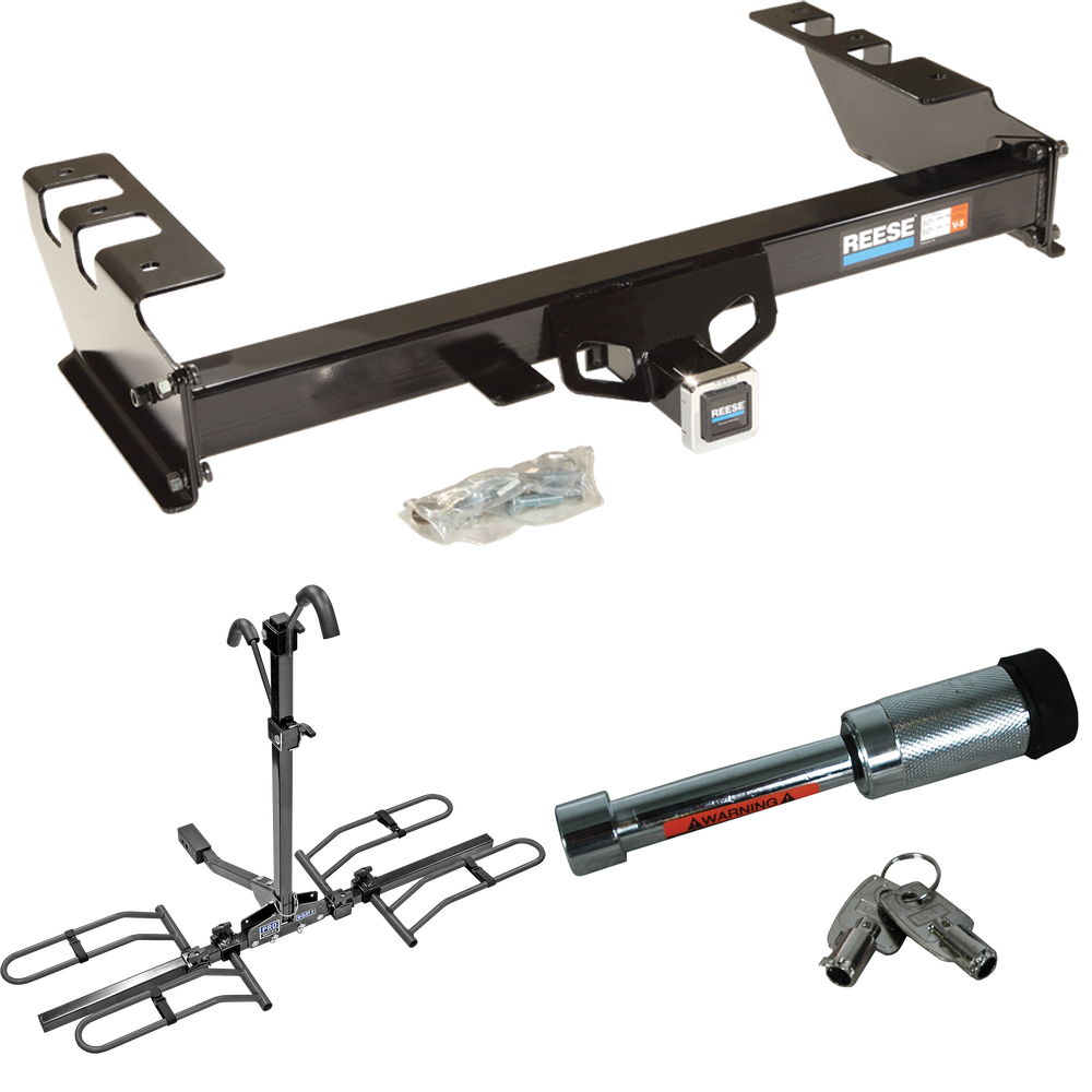 Fits 2005-2007 Chevrolet Silverado 1500 HD Trailer Hitch Tow PKG w/ 2 Bike Plaform Style Carrier Rack + Hitch Lock By Reese Towpower