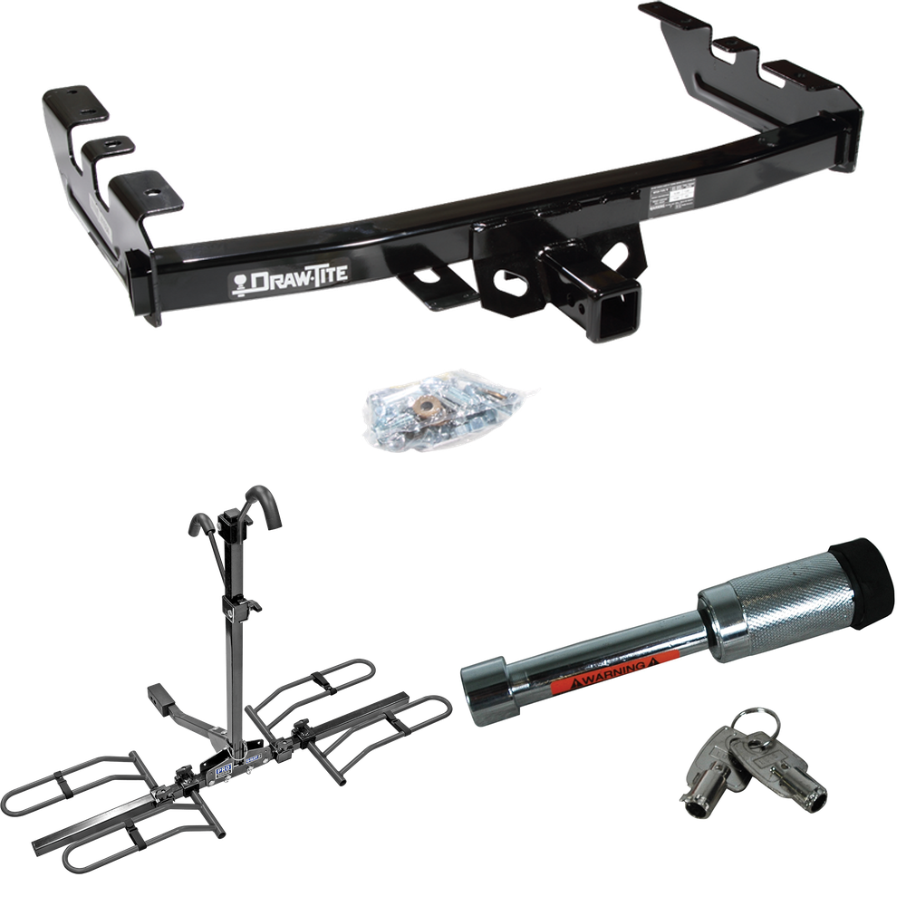 Fits 1999-2004 GMC Sierra 2500 Trailer Hitch Tow PKG w/ 2 Bike Plaform Style Carrier Rack + Hitch Lock By Draw-Tite