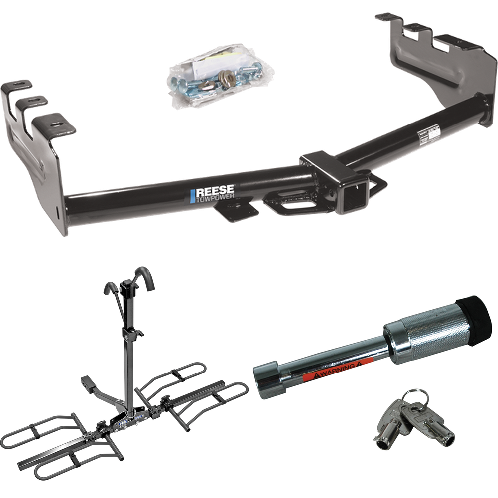 Fits 2001-2003 GMC Sierra 1500 HD Trailer Hitch Tow PKG w/ 2 Bike Plaform Style Carrier Rack + Hitch Lock By Reese Towpower