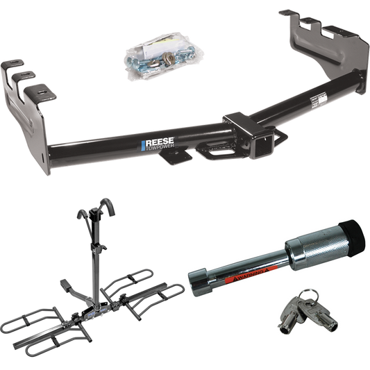 Fits 2001-2003 GMC Sierra 1500 HD Trailer Hitch Tow PKG w/ 2 Bike Plaform Style Carrier Rack + Hitch Lock By Reese Towpower