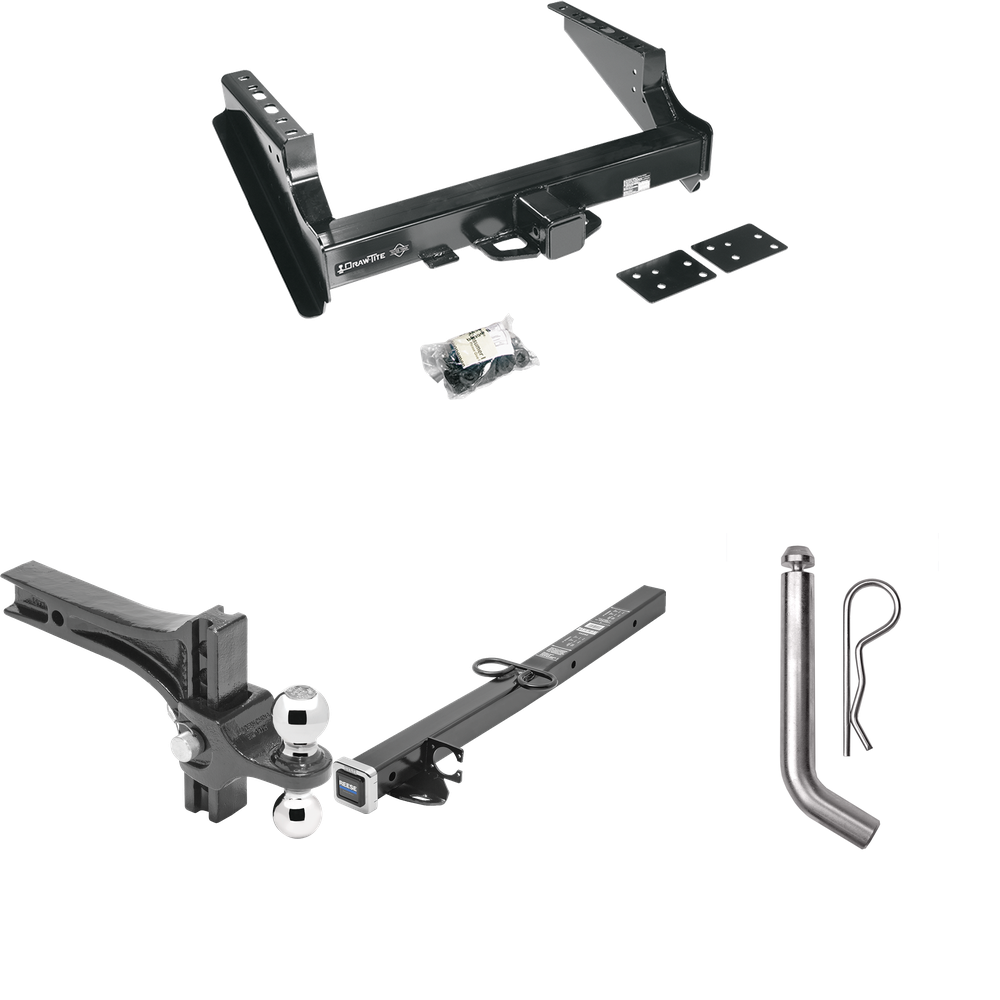 Fits 1999-2016 Ford F-250 Super Duty Trailer Hitch Tow PKG w/ 2-1/2" to 2" Adapter 24" Length + Adjustable Drop Rise Dual Ball Ball Mount 2" & 2-5/16" Trailer Balls + Pin/Clip (Excludes: Cab & Chassis Models) By Draw-Tite