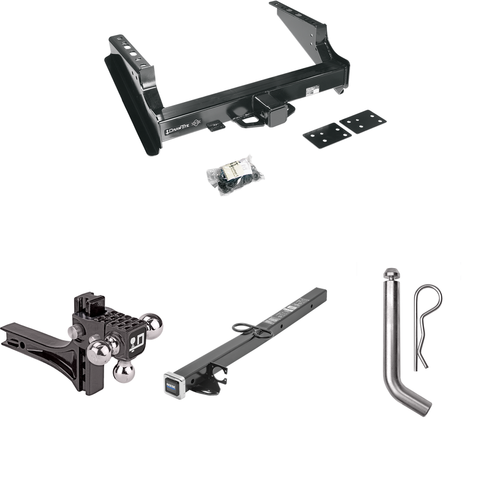 Fits 1999-2016 Ford F-350 Super Duty Trailer Hitch Tow PKG w/ 2-1/2" to 2" Adapter 24" Length + Adjustable Drop Rise Triple Ball Ball Mount 1-7/8" & 2" & 2-5/16" Trailer Balls + Pin/Clip (Excludes: Cab & Chassis Models) By Draw-Tite