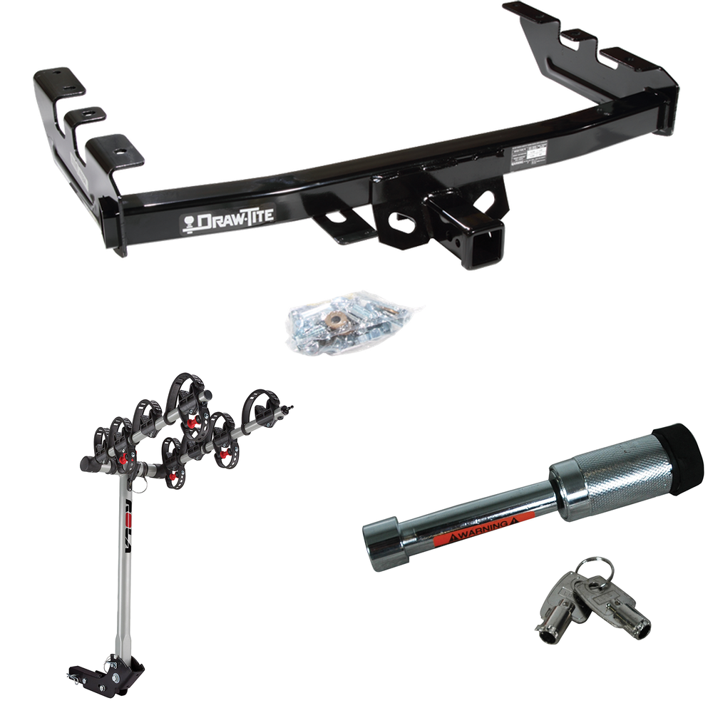 Fits 1999-2004 GMC Sierra 2500 Trailer Hitch Tow PKG w/ 4 Bike Carrier Rack + Hitch Lock By Draw-Tite