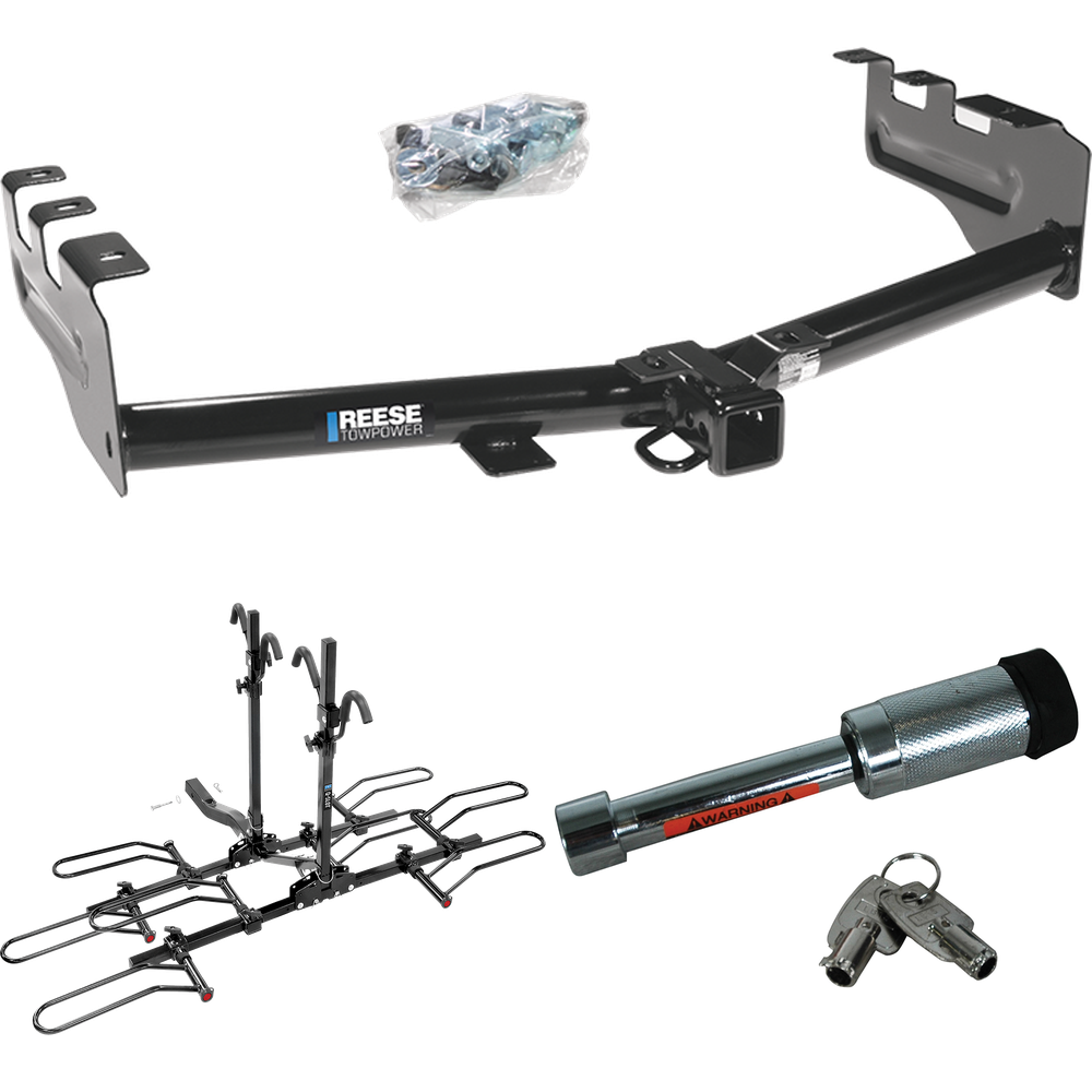 Fits 1999-2004 GMC Sierra 2500 Trailer Hitch Tow PKG w/ 4 Bike Plaform Style Carrier Rack + Hitch Lock By Reese Towpower