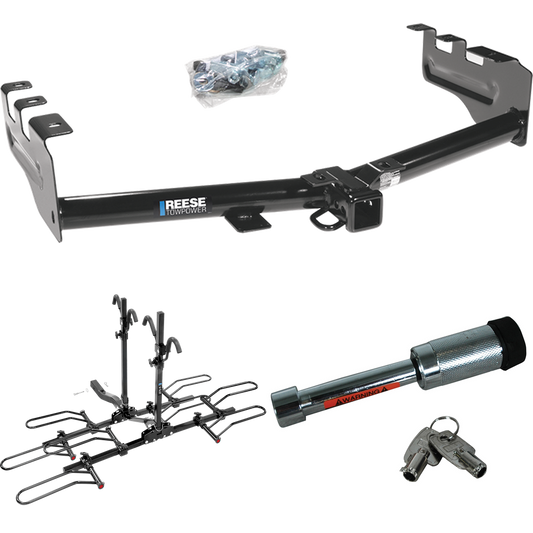 Fits 1999-2004 GMC Sierra 2500 Trailer Hitch Tow PKG w/ 4 Bike Plaform Style Carrier Rack + Hitch Lock By Reese Towpower