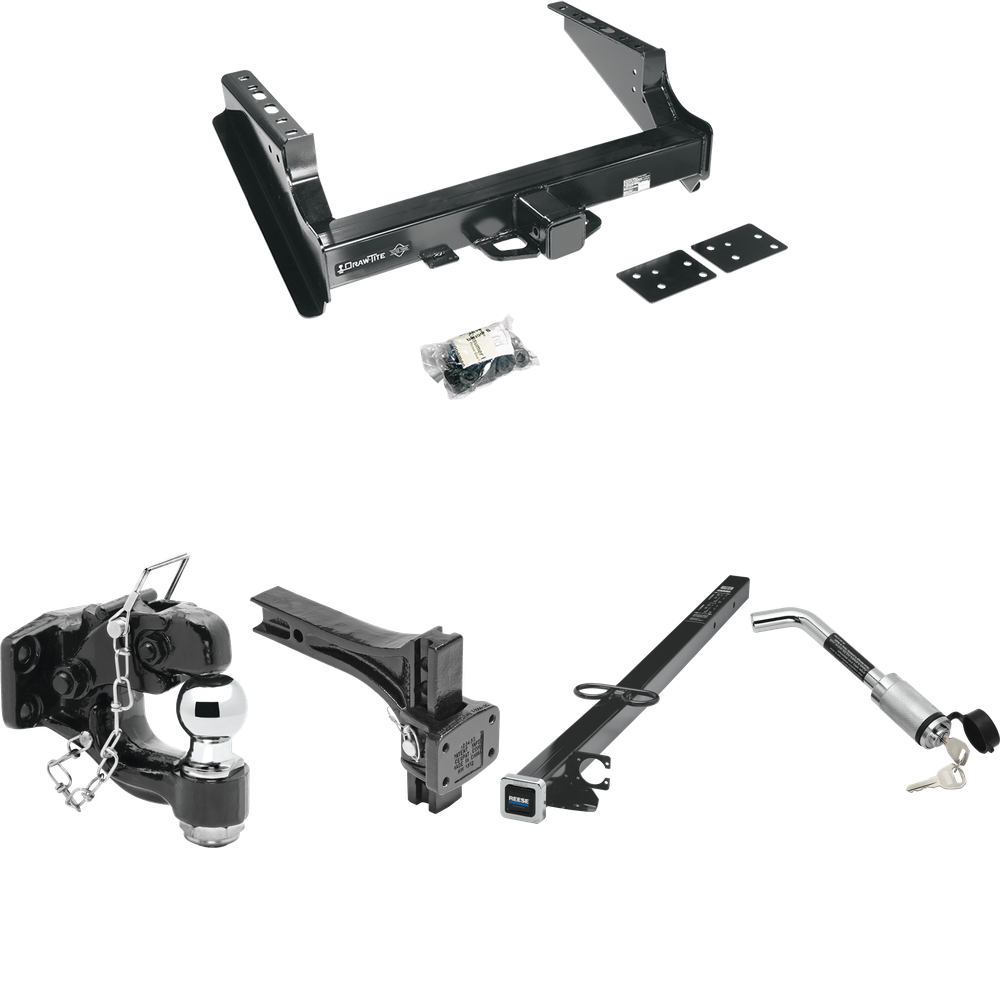 Fits 1999-2016 Ford F-250 Super Duty Trailer Hitch Tow PKG w/ 2-1/2" to 2" Adapter 41" Length + Adjustable Pintle Hook Mounting Plate + Pintle Hook & 2" Ball Combination + Hitch Lock (Excludes: Cab & Chassis Models) By Draw-Tite