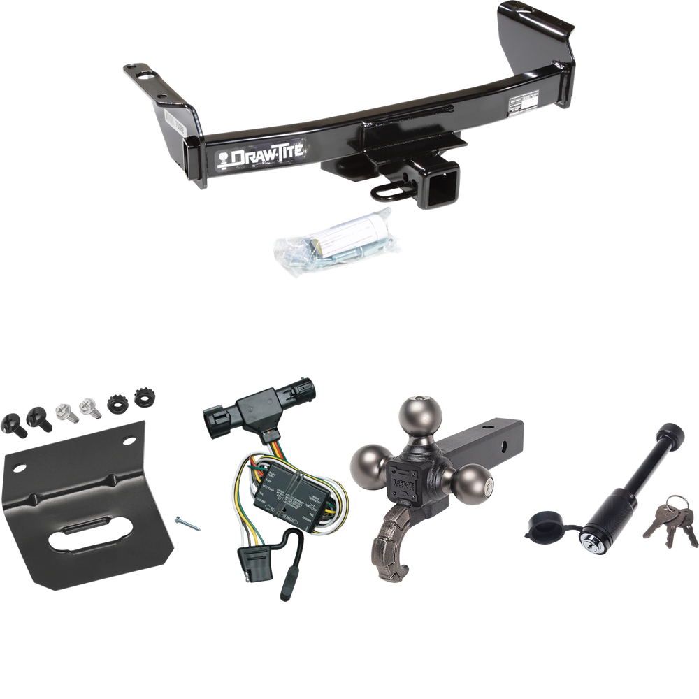 Fits 1993-1999 Ford Ranger Trailer Hitch Tow PKG w/ 4-Flat Wiring + Triple Ball Tactical Ball Mount 1-7/8" & 2" & 2-5/16" Balls w/ Tow Hook + Tactical Dogbone Lock + Wiring Bracket By Draw-Tite