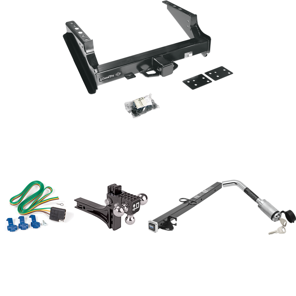 Fits 1999-2016 Ford F-350 Super Duty Trailer Hitch Tow PKG w/ 4-Flat Wiring Harness + 2-1/2" to 2" Adapter 24" Length + Adjustable Drop Rise Triple Ball Ball Mount 1-7/8" & 2" & 2-5/16" Trailer Balls + Hitch Lock (Excludes: Cab & Chassis Models) By D