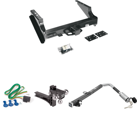 Fits 1999-2016 Ford F-350 Super Duty Trailer Hitch Tow PKG w/ 4-Flat Wiring Harness + 2-1/2" to 2" Adapter 24" Length + Adjustable Drop Rise Triple Ball Ball Mount 1-7/8" & 2" & 2-5/16" Trailer Balls + Hitch Lock (Excludes: Cab & Chassis Models) By D