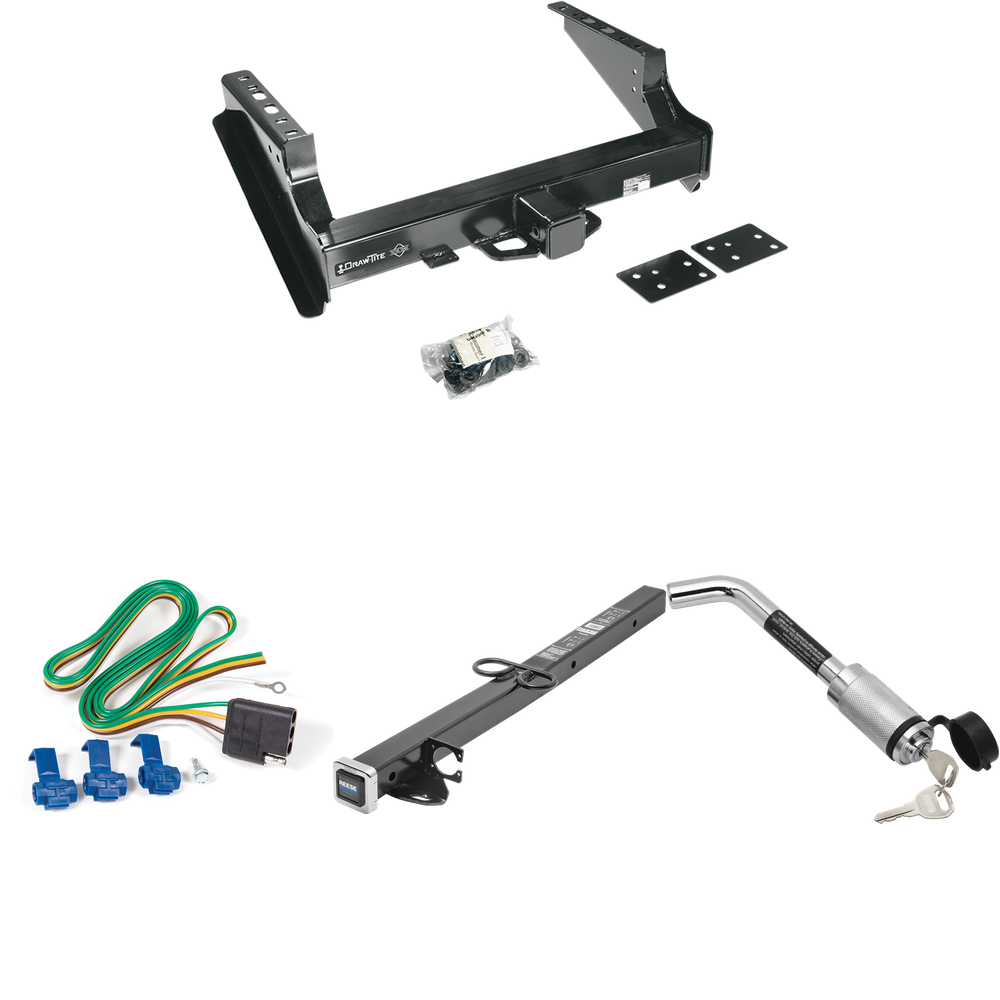 Fits 1999-2016 Ford F-250 Super Duty Trailer Hitch Tow PKG w/ 4-Flat Wiring Harness + 2-1/2" to 2" Adapter 24" Length + Hitch Lock (Excludes: Cab & Chassis Models) By Draw-Tite