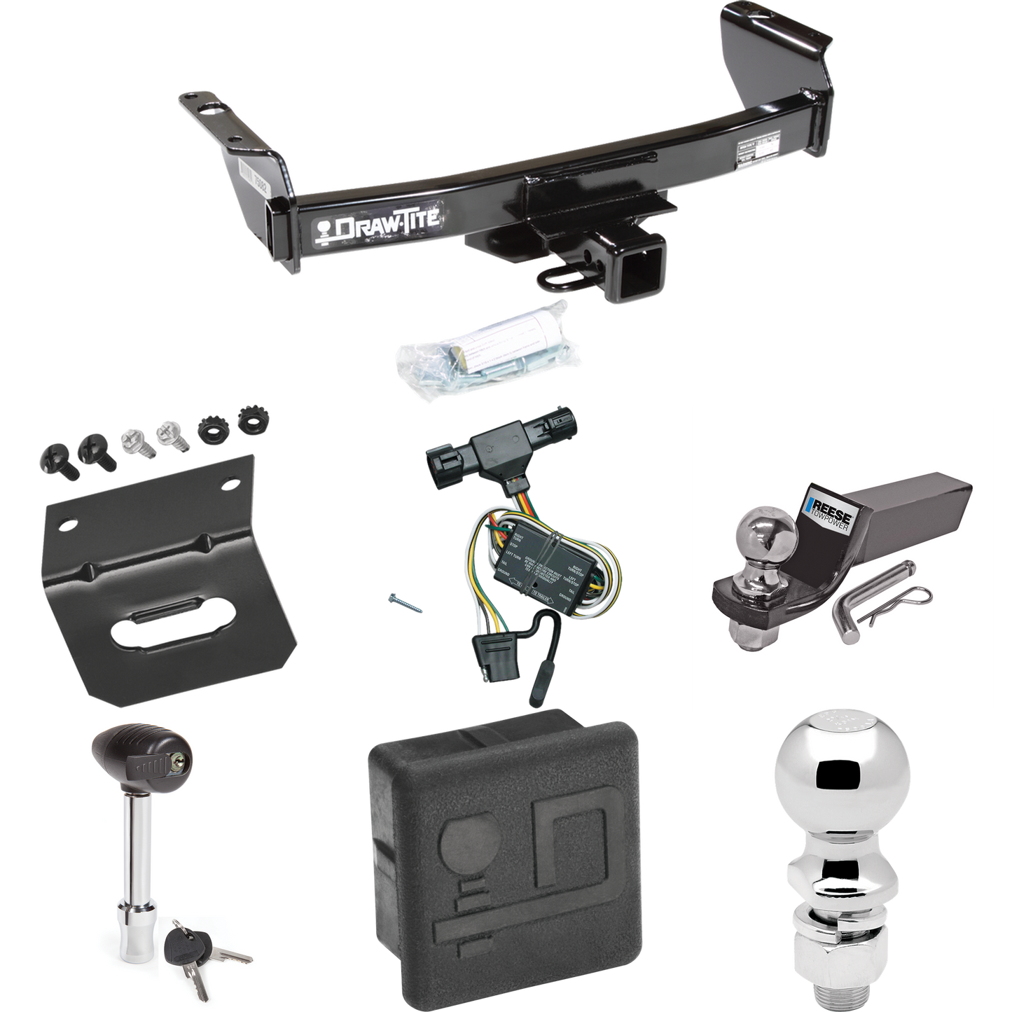 Fits 1994-1997 Mazda B2300 Trailer Hitch Tow PKG w/ 4-Flat Wiring + Starter Kit Ball Mount w/ 2" Drop & 2" Ball + 2-5/16" Ball + Wiring Bracket + Hitch Lock + Hitch Cover By Draw-Tite