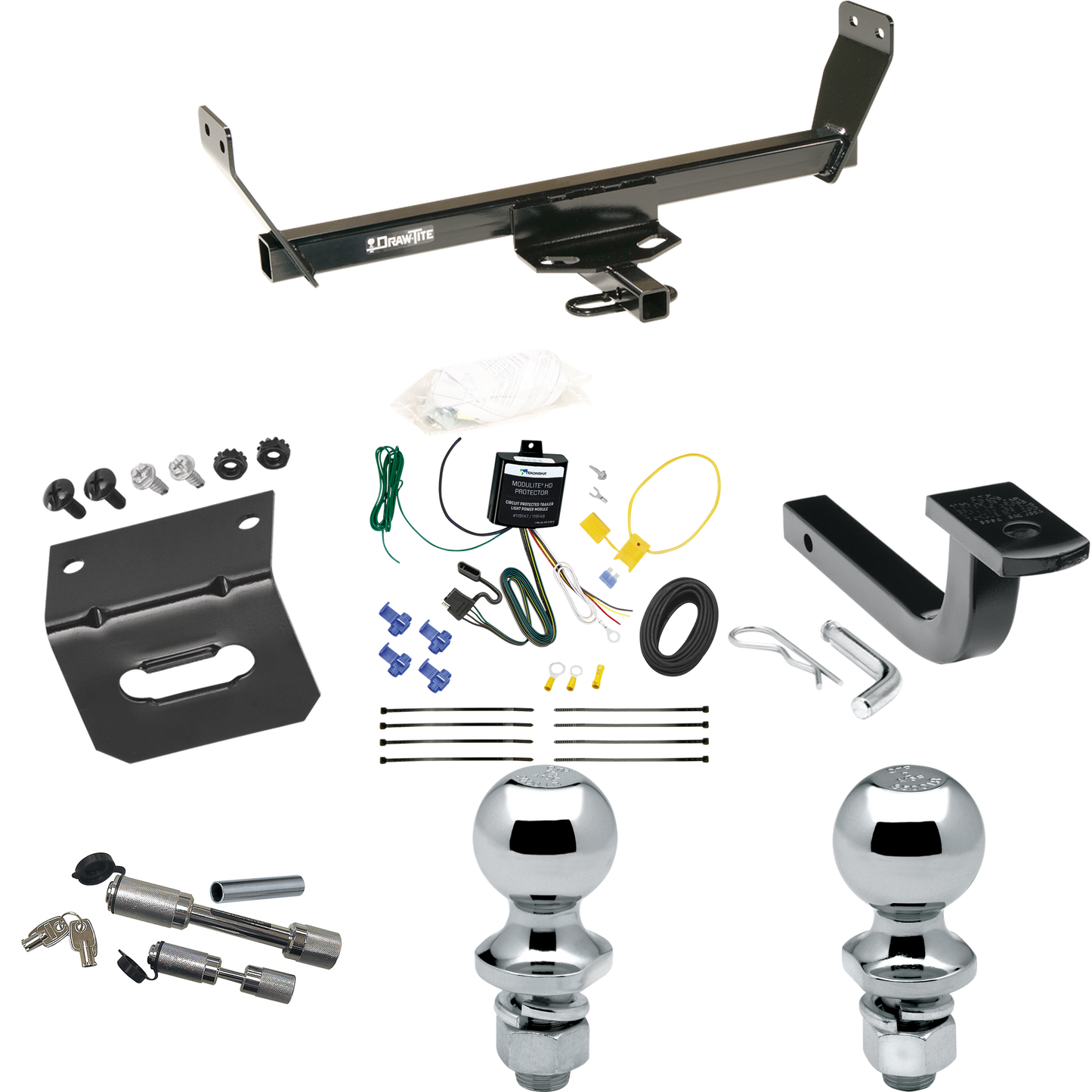 Fits 2007-2010 Chrysler Sebring Trailer Hitch Tow PKG w/ 4-Flat Wiring Harness + Draw-Bar + 1-7/8" + 2" Ball + Wiring Bracket + Dual Hitch & Coupler Locks (Excludes: Convertible Models) By Draw-Tite