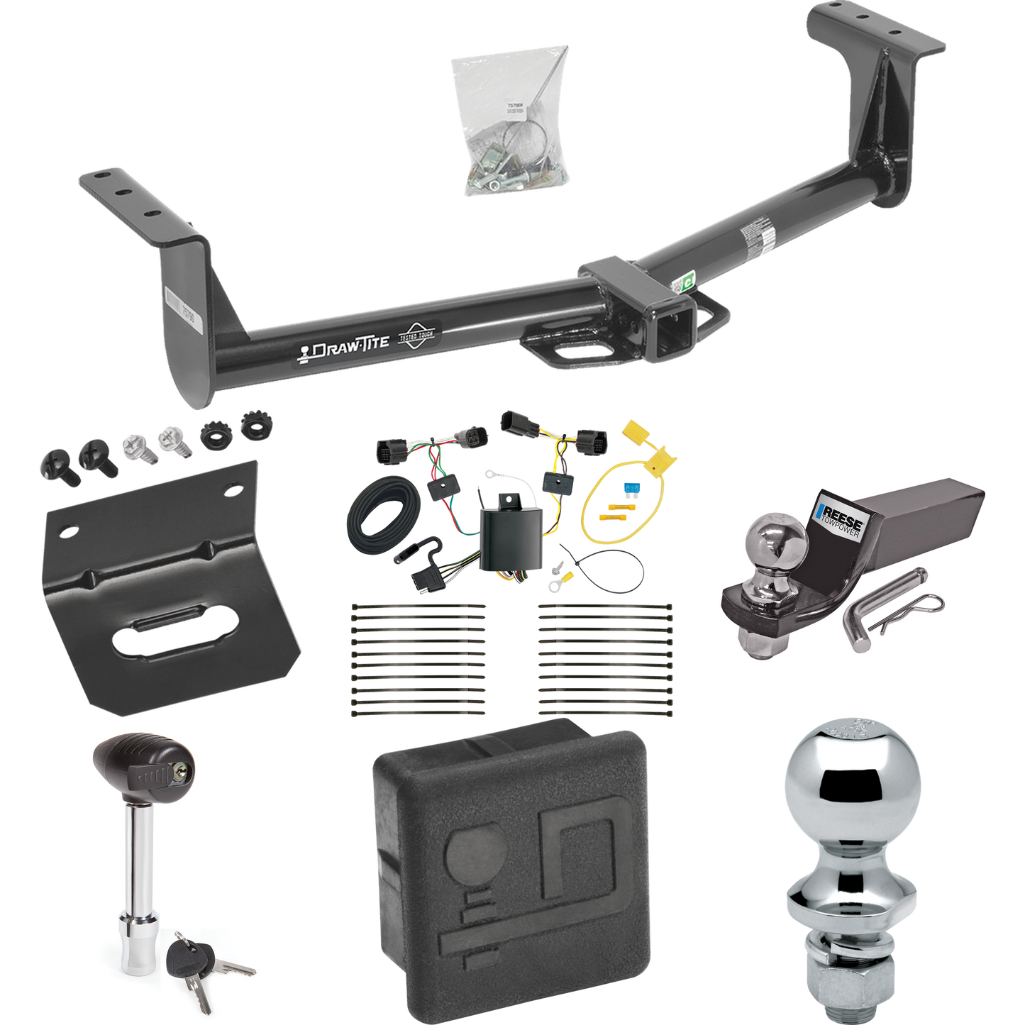 Fits 2013-2016 Ford Ranger Trailer Hitch Tow PKG w/ 4-Flat Wiring + Starter Kit Ball Mount w/ 2" Drop & 2" Ball + 1-7/8" Ball + Wiring Bracket + Hitch Lock + Hitch Cover By Draw-Tite