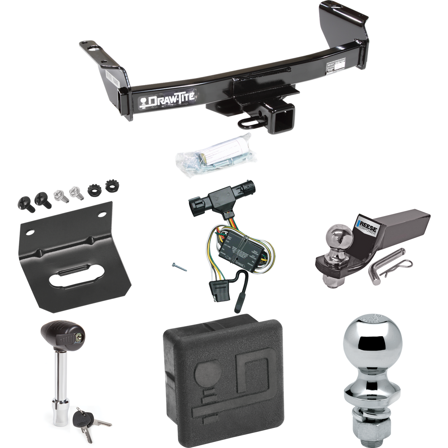 Fits 1994-2009 Mazda B4000 Trailer Hitch Tow PKG w/ 4-Flat Wiring + Starter Kit Ball Mount w/ 2" Drop & 2" Ball + 1-7/8" Ball + Wiring Bracket + Hitch Lock + Hitch Cover By Draw-Tite