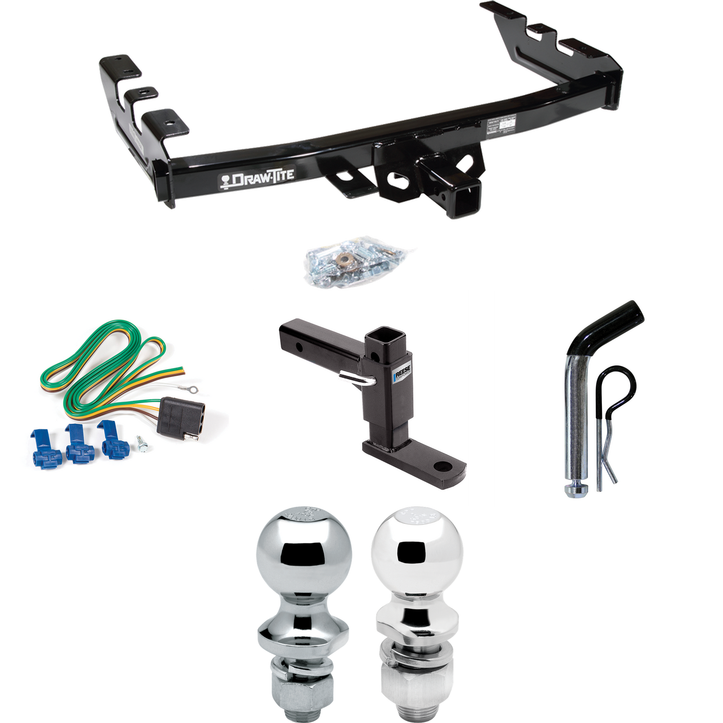 Fits 2005-2007 GMC Sierra 1500 HD Trailer Hitch Tow PKG w/ 4-Flat Wiring + Adjustable Drop Rise Ball Mount + Pin/Clip + 2" Ball + 1-7/8" Ball (For (Classic) Models) By Draw-Tite