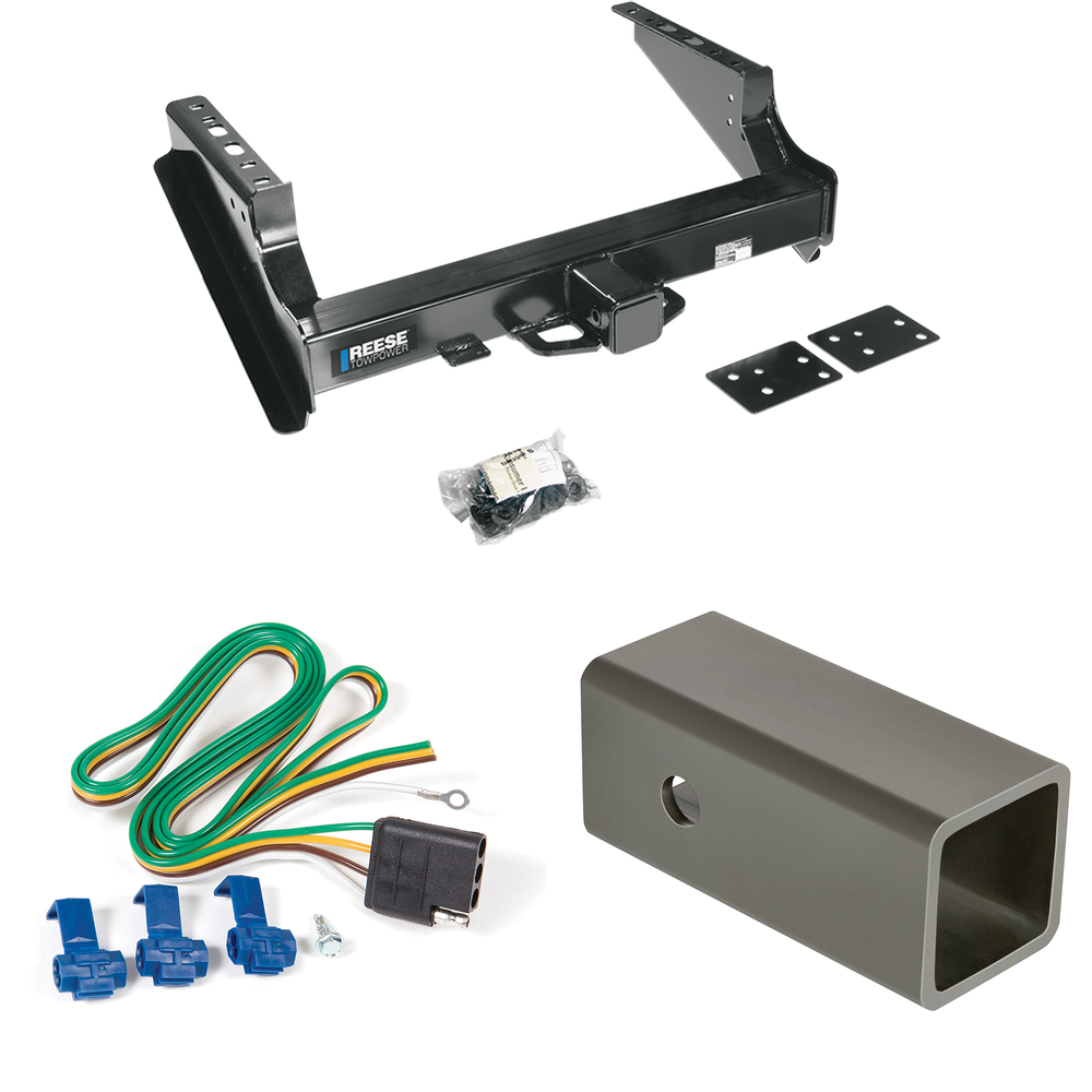 Fits 2008-2023 Ford F-450 Super Duty Trailer Hitch Tow PKG w/ 4-Flat Wiring Harness + 2-1/2" to 2" Adapter 6" Length (Excludes: Cab & Chassis Models) By Reese Towpower