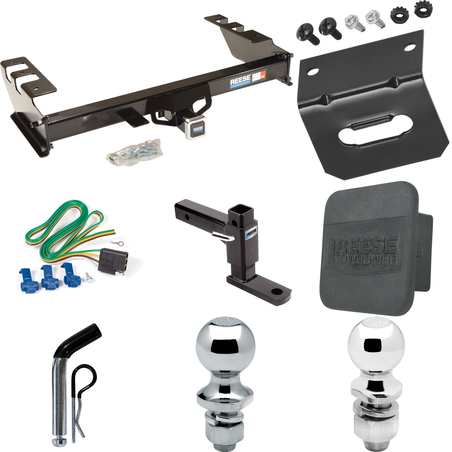 Fits 2003-2007 GMC Sierra 1500 Trailer Hitch Tow PKG w/ 4-Flat Wiring + Adjustable Drop Rise Ball Mount + Pin/Clip + 2" Ball + 1-7/8" Ball + Wiring Bracket + Hitch Cover (For (Classic) Models) By Reese Towpower