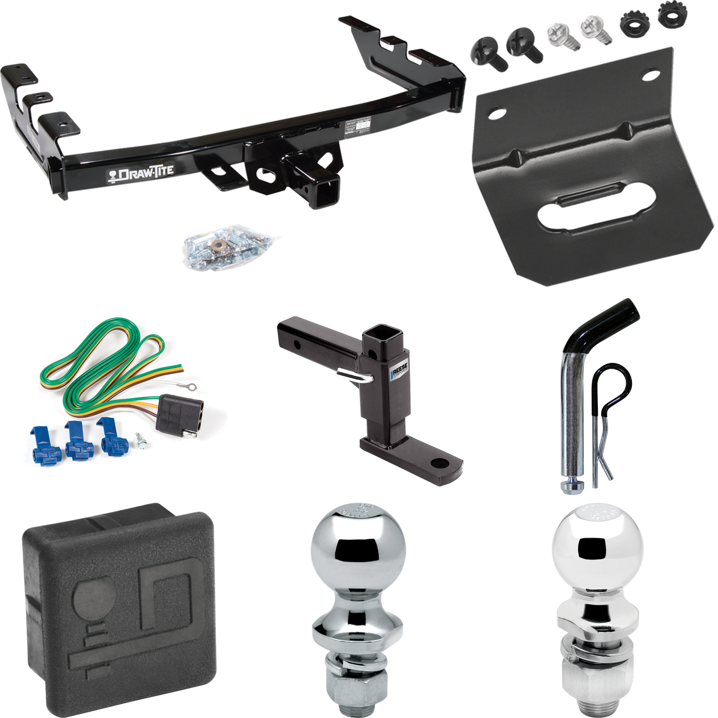 Se adapta al paquete de enganche de remolque GMC Sierra 2500 1999-2004 con 4 cables planos + soporte de bola ajustable + pasador/clip + bola de 2 pulgadas + bola de 1-7/8 pulgadas + soporte de cableado + cubierta de enganche de Draw-Tite