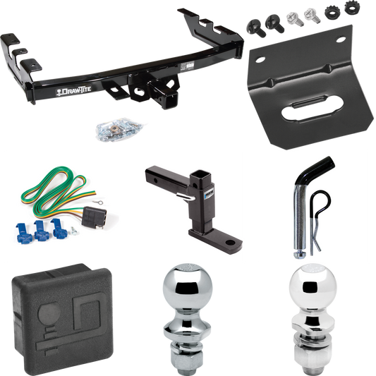 Fits 2005-2007 GMC Sierra 1500 HD Trailer Hitch Tow PKG w/ 4-Flat Wiring + Adjustable Drop Rise Ball Mount + Pin/Clip + 2" Ball + 1-7/8" Ball + Wiring Bracket + Hitch Cover (For (Classic) Models) By Draw-Tite