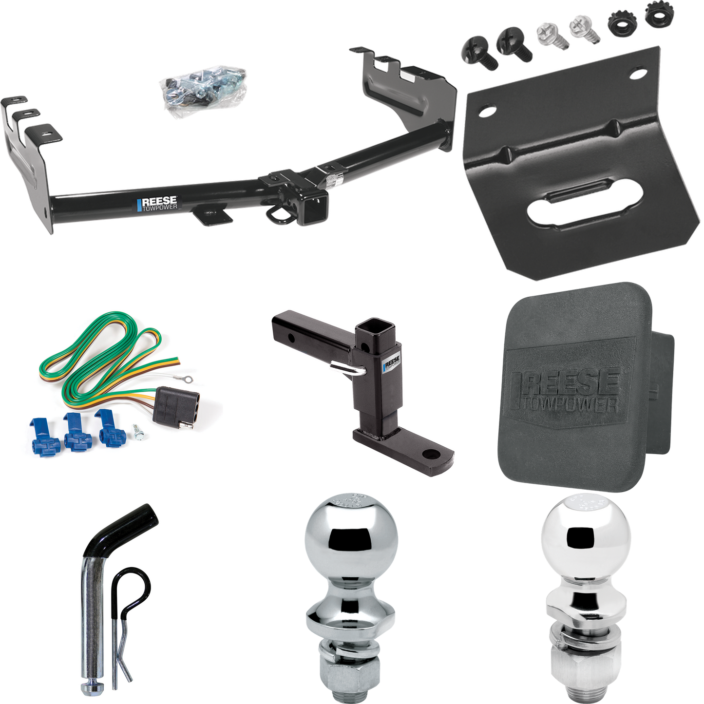 Fits 2005-2007 Chevrolet Silverado 1500 HD Trailer Hitch Tow PKG w/ 4-Flat Wiring + Adjustable Drop Rise Ball Mount + Pin/Clip + 2" Ball + 1-7/8" Ball + Wiring Bracket + Hitch Cover (For (Classic) Models) By Reese Towpower