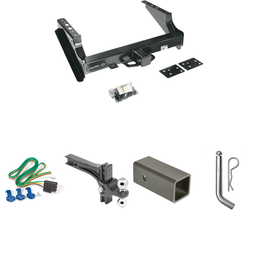 Fits 2008-2016 Ford F-450 Super Duty Trailer Hitch Tow PKG w/ 4-Flat Wiring Harness + 2-1/2" to 2" Adapter 6" Length + Adjustable Drop Rise Dual Ball Ball Mount 2" & 2-5/16" Trailer Balls + Pin/Clip (Excludes: Cab & Chassis Models) By Draw-Tite